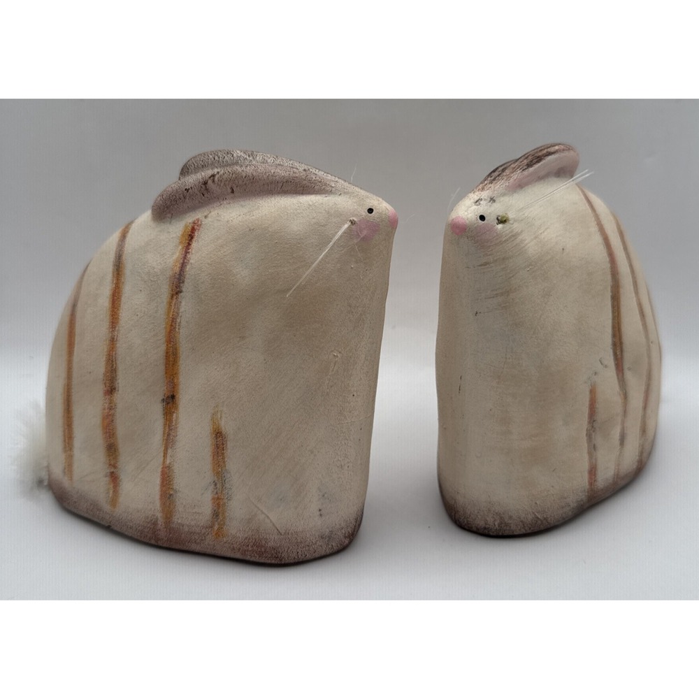 Set of 2 Art Pottery Glazed Rustic Ceramic Bunnies Rabbit Bunny Pink Stripe‎